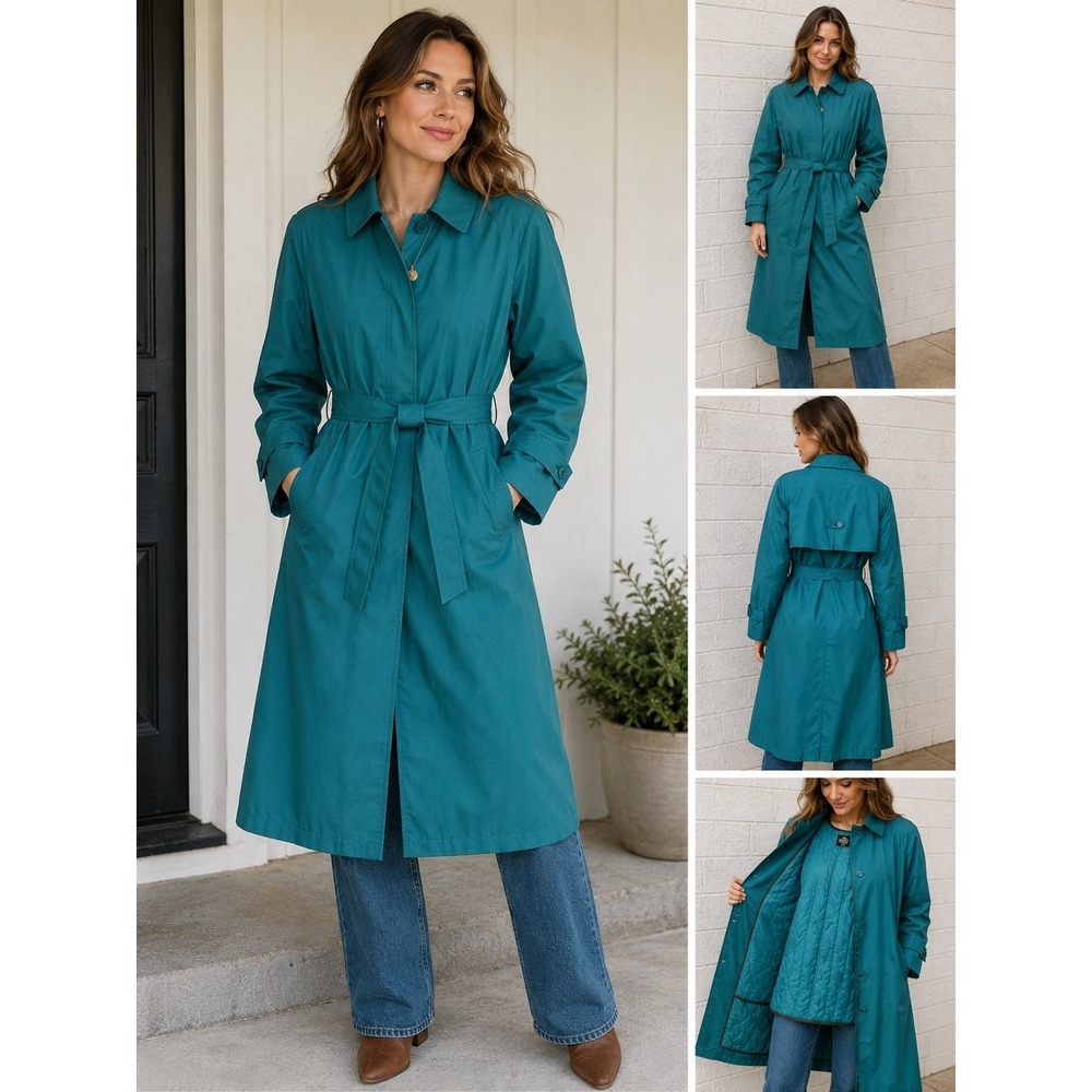 London Fog Vintage Teal Green Trench Coat Belted Removable Liner 12 Pet USA Made